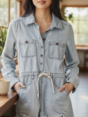 Billabong Light Wash Blue Denim Long Sleeve Romper Size Small